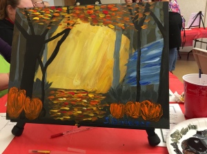 Acrylic painting, paint, acrylic, art class, painting class, pumpkins, forest, fall, autumn, leaves
