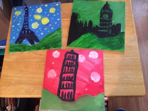 paintings, acrylic, paint, Eiffel Tower, Tower of Pisa, London
